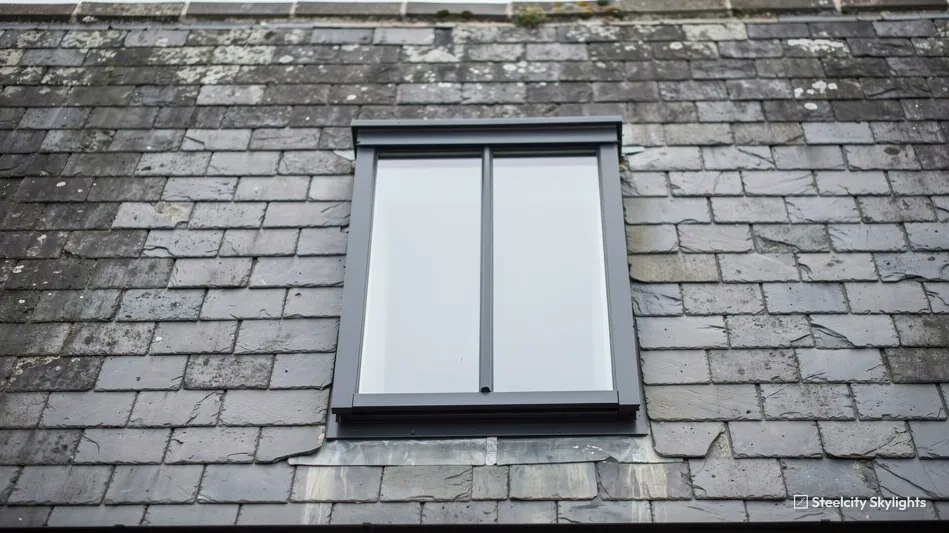 Slim dark-framed conservation rooflight with a central glazing bar set low in an old slate roof