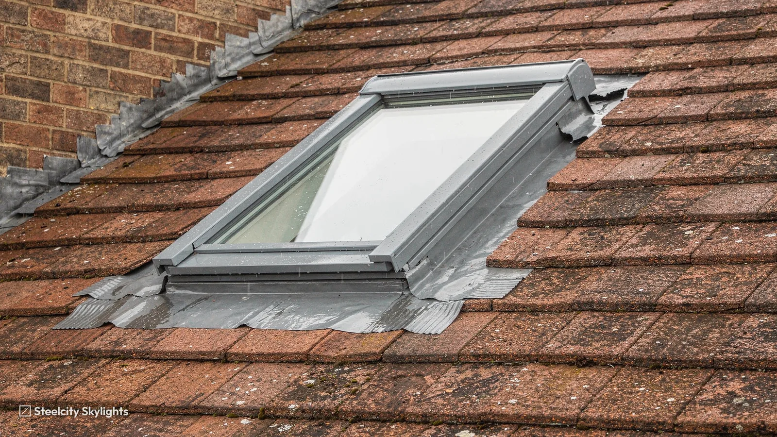 New roof window with grey flashing kit being fitted into a red clay tile roof