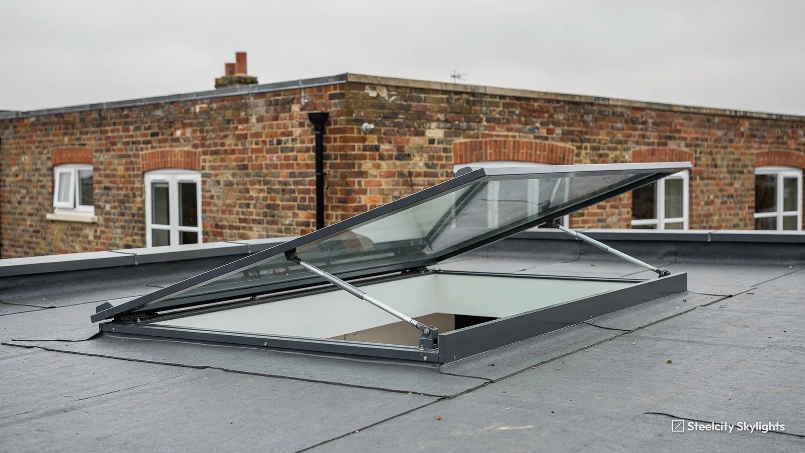 Hinged flat rooflight opened on its arms above a felted flat roof beside a brick building