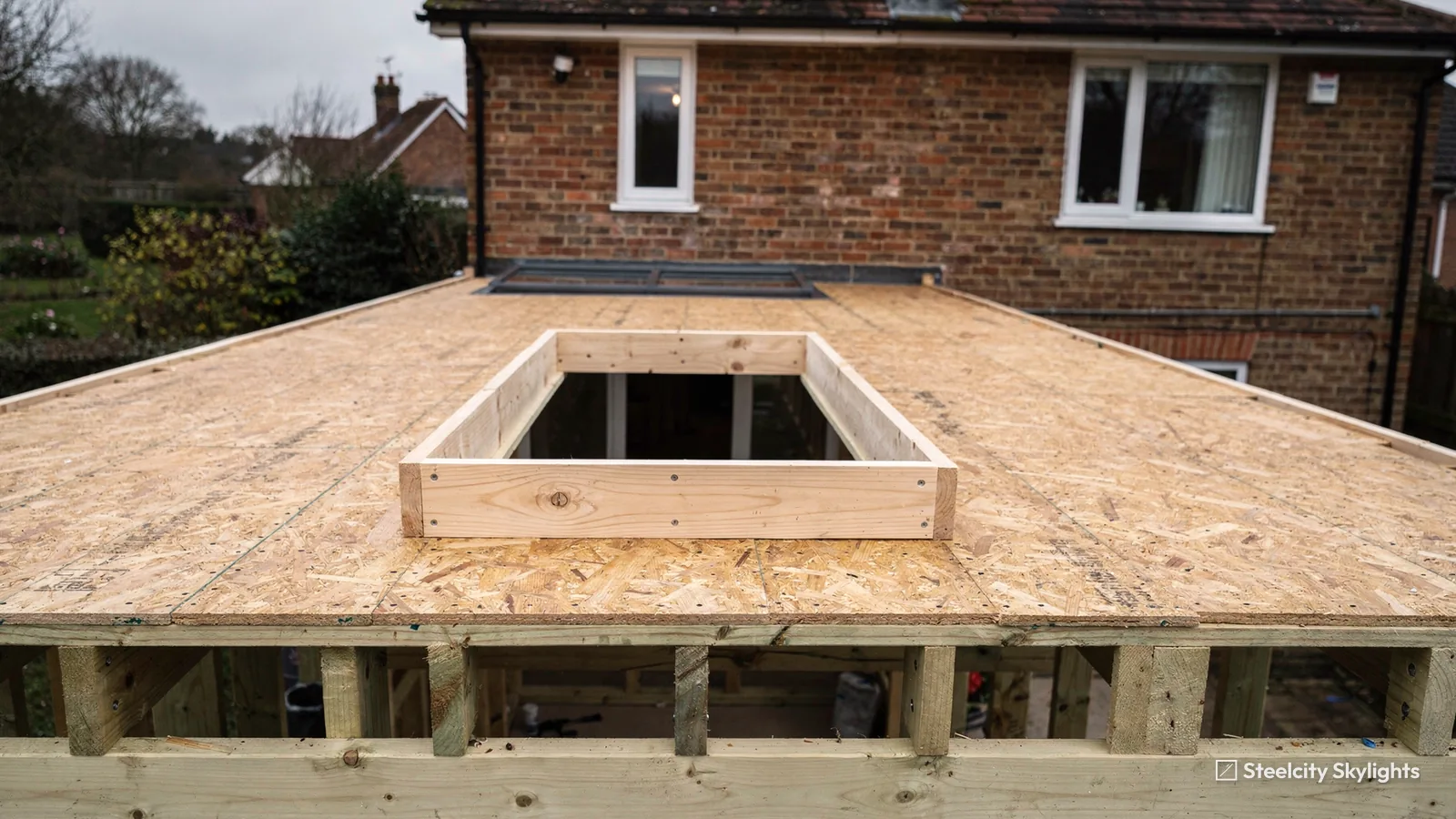 New timber flat roof deck on a brick house extension with an empty upstand framed for a rooflight