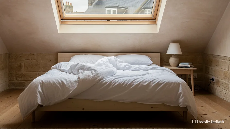 Loft bedroom with an open top-hung roof window above the bed and a stone wall
