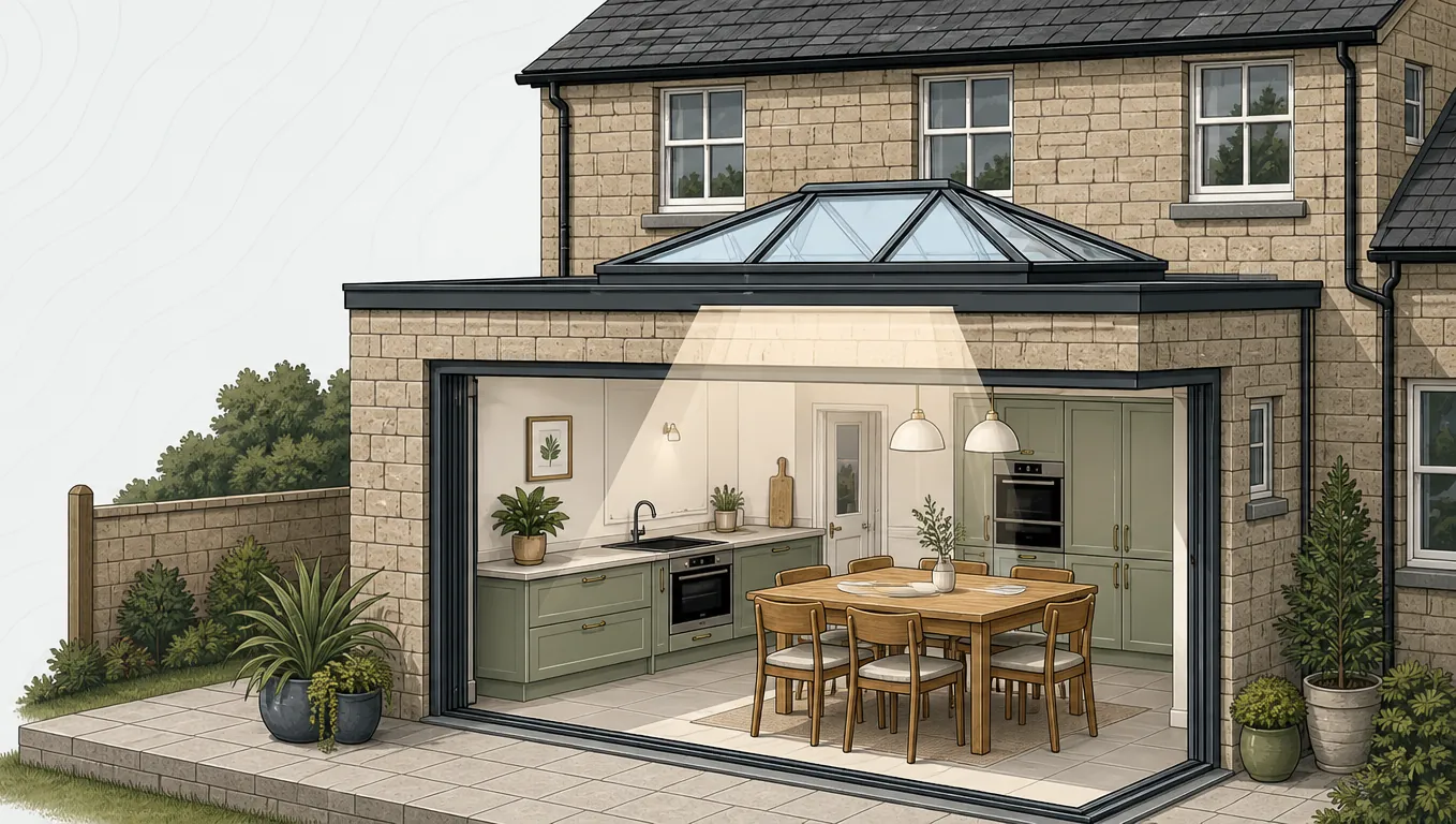 Illustration of a stone house with a flat-roofed kitchen extension, cut away to show daylight falling from a hipped roof lantern onto the kitchen table