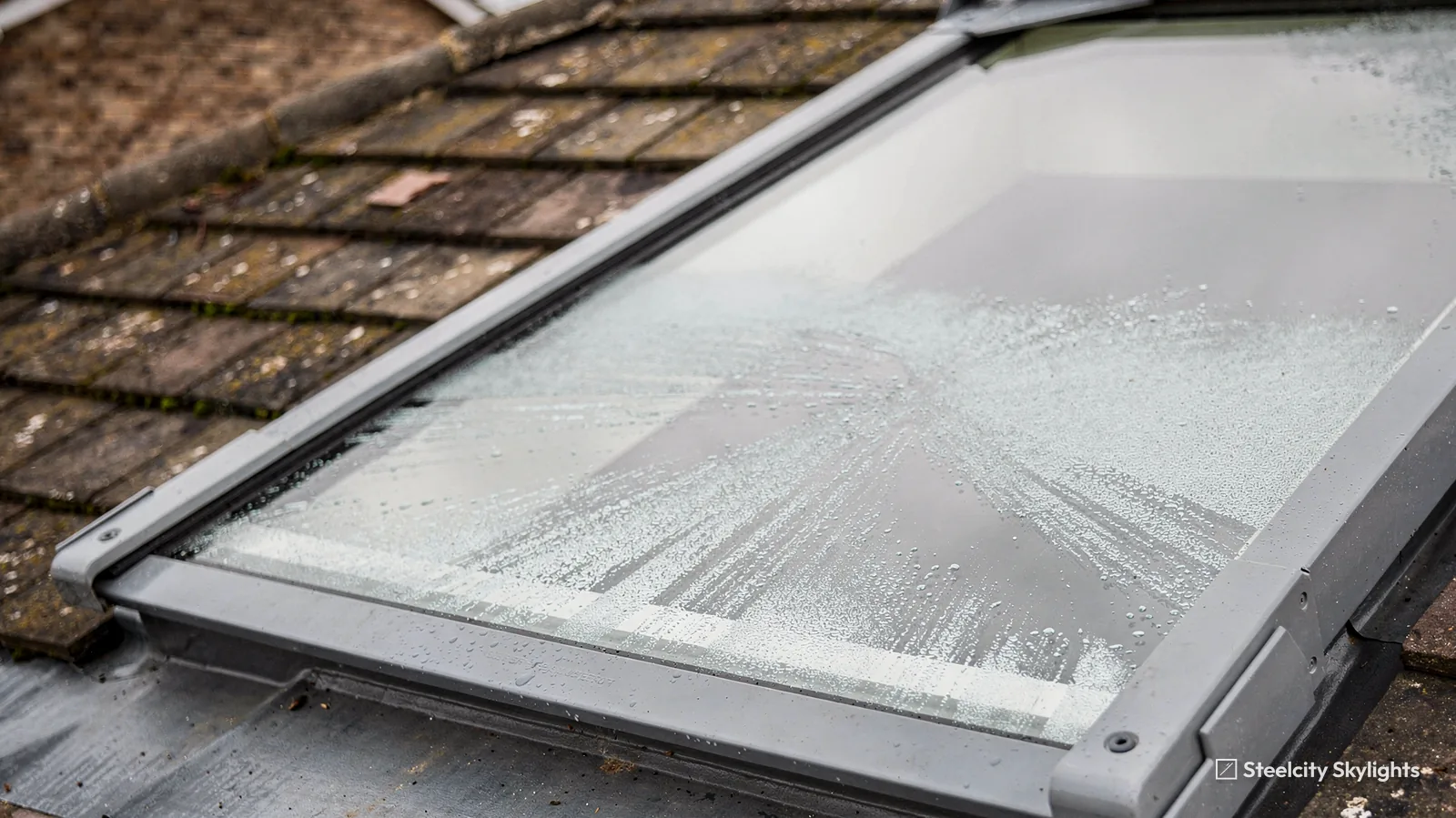 Close view of a roof window in a tiled roof with moisture trapped and streaked on the glass