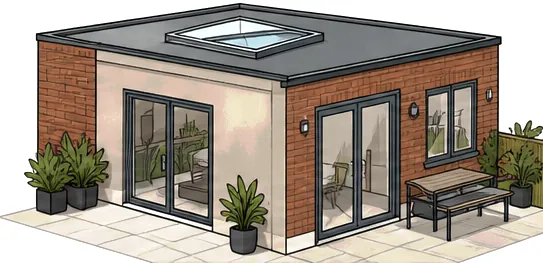 Illustration of a single-storey back addition with a flat roof and a flat rooflight