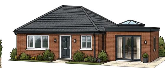 Illustration of a brick bungalow with a flat-roofed extension and a roof lantern