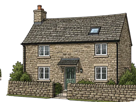 Illustration of a stone cottage with a stone-slate roof and a small roof window