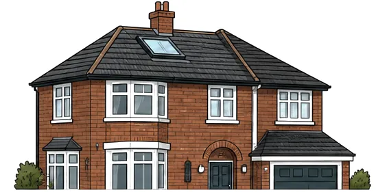 Illustration of a 1930s hipped-roof semi with a roof window