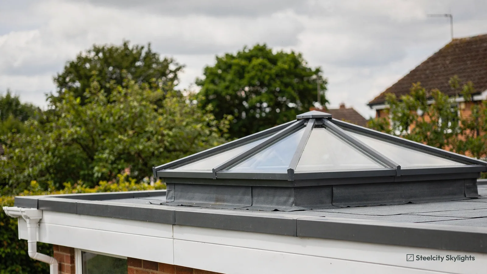 Hipped aluminium roof lantern on the flat roof of a single-storey extension, trees behind