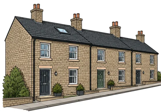 Illustration of a row of gritstone terraced houses with slate roofs and a roof window