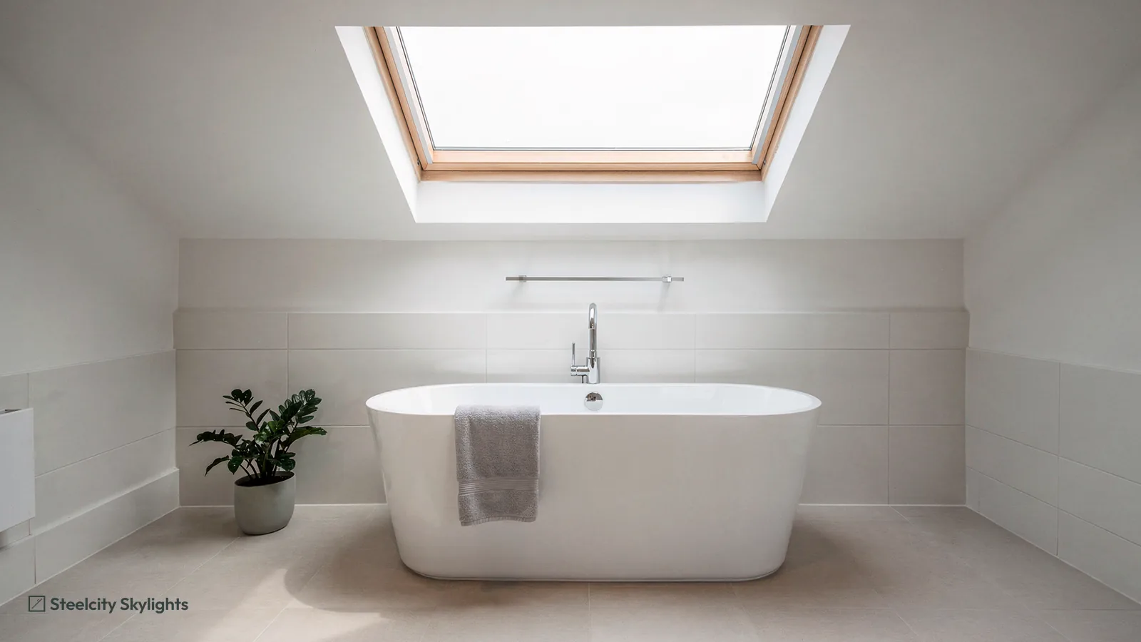 Loft bathroom with a freestanding white bath beneath a timber-lined roof window