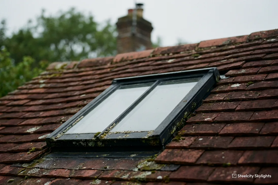 Two-pane conservation rooflight with a dark frame in a mossy clay tile roof