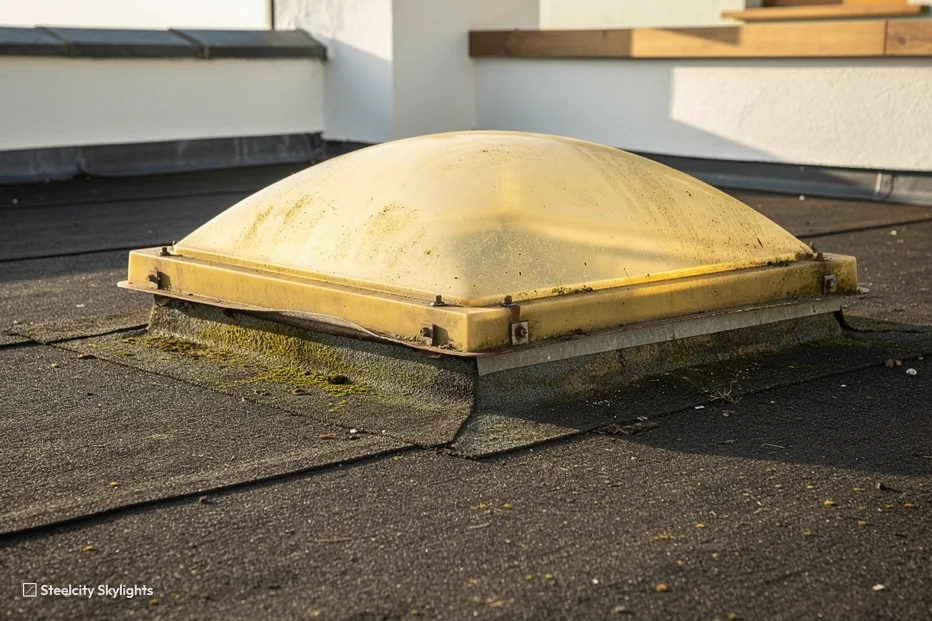 Old yellowed plastic dome rooflight on a worn felt flat roof