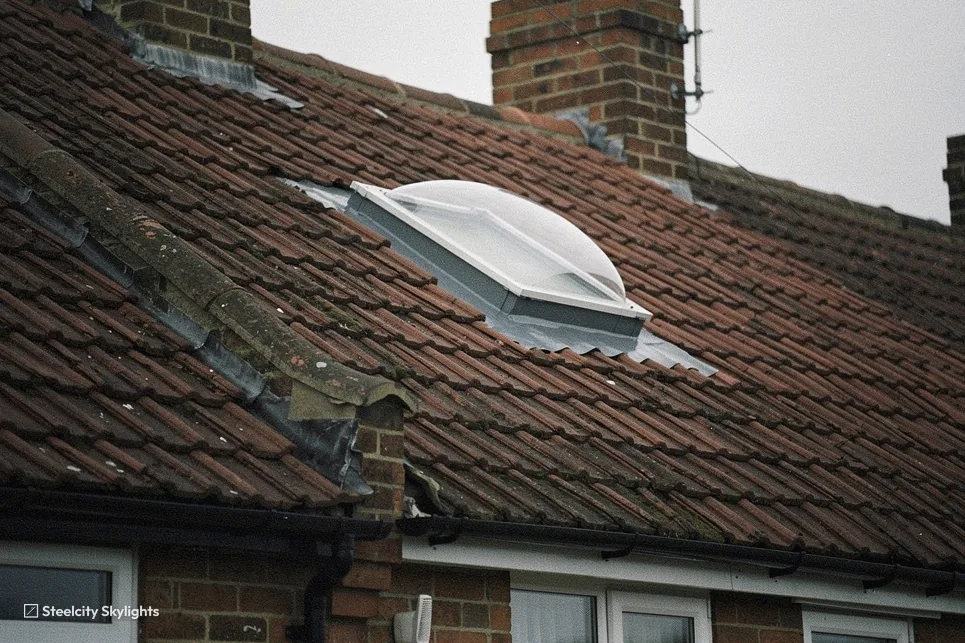 Clear sun tunnel dome in a weathered clay tile roof beside a brick chimney
