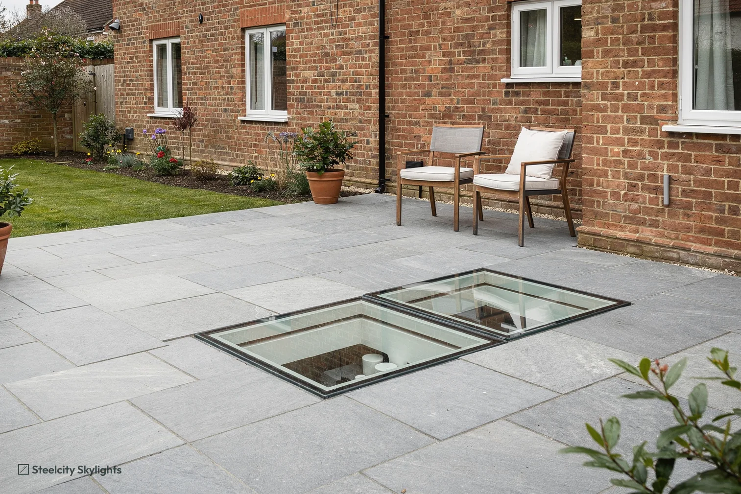 Two walk-on glass rooflights set into a stone patio beside a brick house