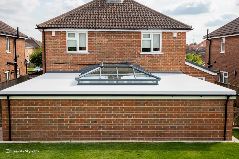 Detached brick house with a single-storey rear extension topped by a hipped roof lantern