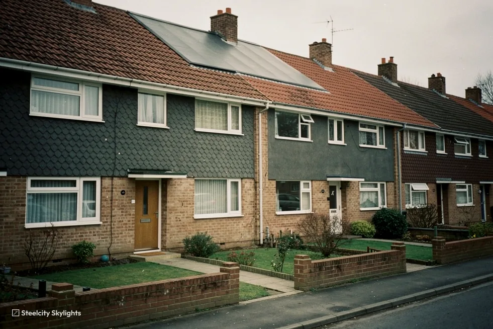 Row of brick terraced houses with tile-hung upper floors and clay tile roofs