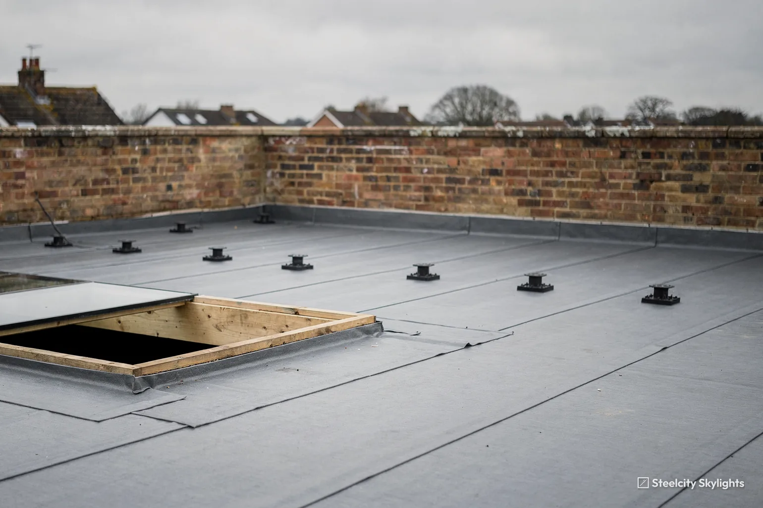 Flat roof terrace under construction with paving pedestals and a framed opening for a rooflight