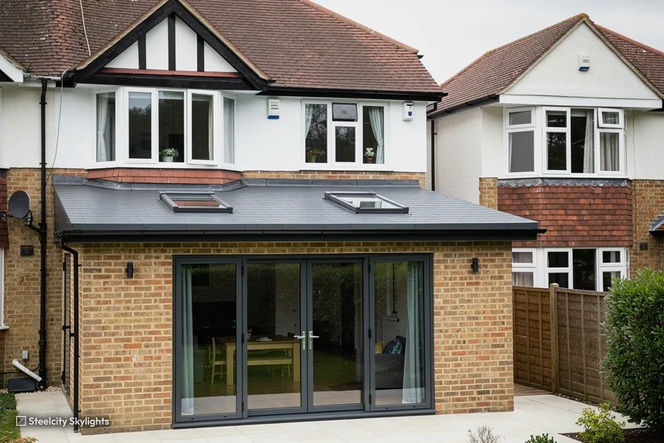 Mock-Tudor style semi with a rear extension, two flat rooflights and wide folding doors