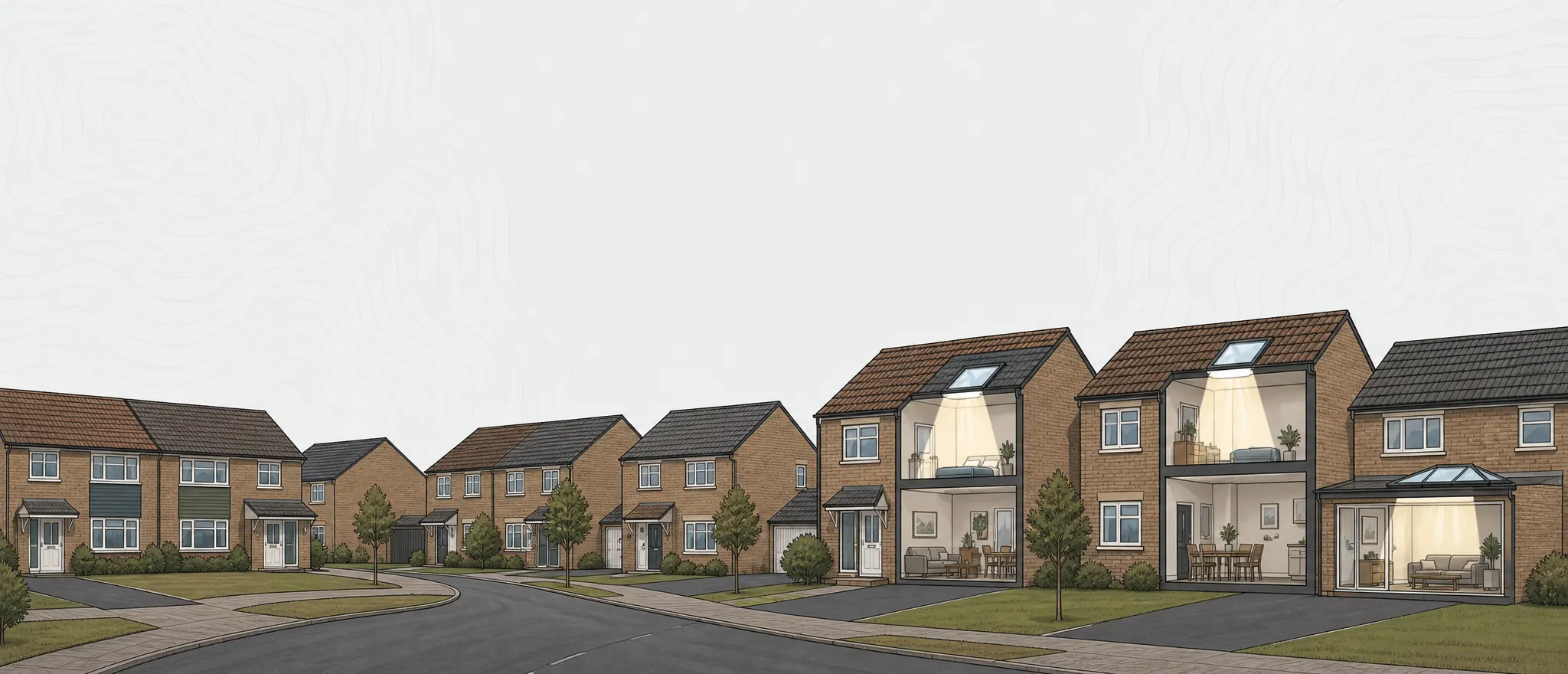 Illustration of post-war and modern brick semis along an estate road, cut away to show daylight falling through rooflights and roof windows into the rooms