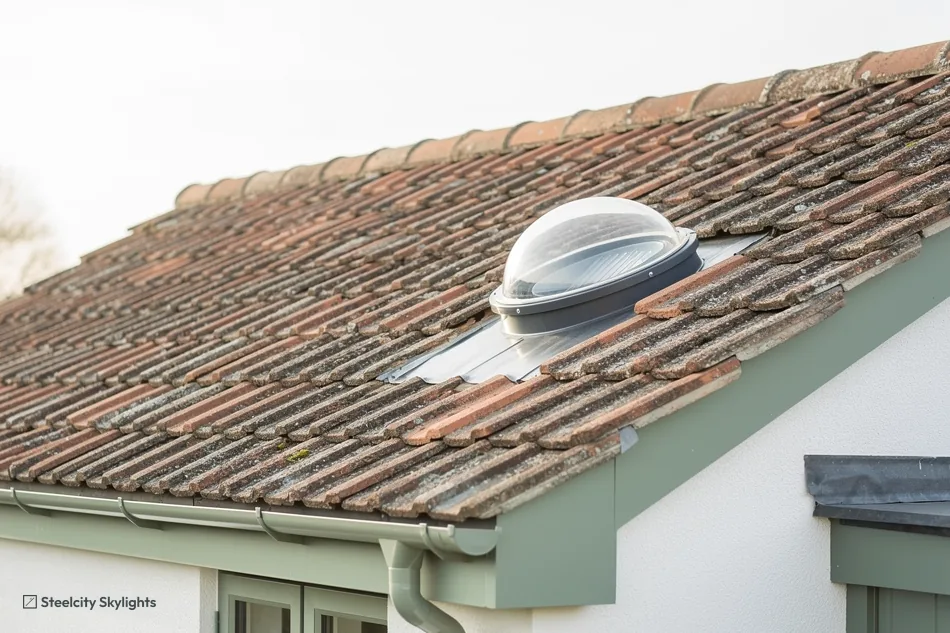 Clear sun tunnel dome on a clay tile roof above a sage green rendered wall