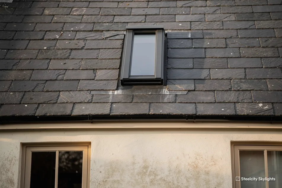 Narrow dark framed conservation rooflight in a slate roof above a rendered wall