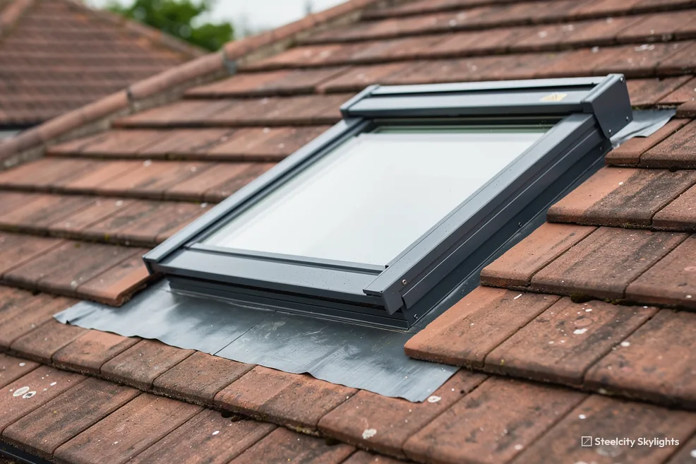 Close view of a roof window with grey flashing in a red clay tile roof