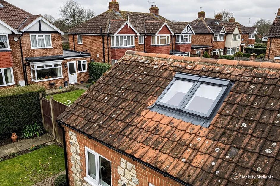 Roof window in an old clay tile roof on a brick and flint cottage, semis beyond