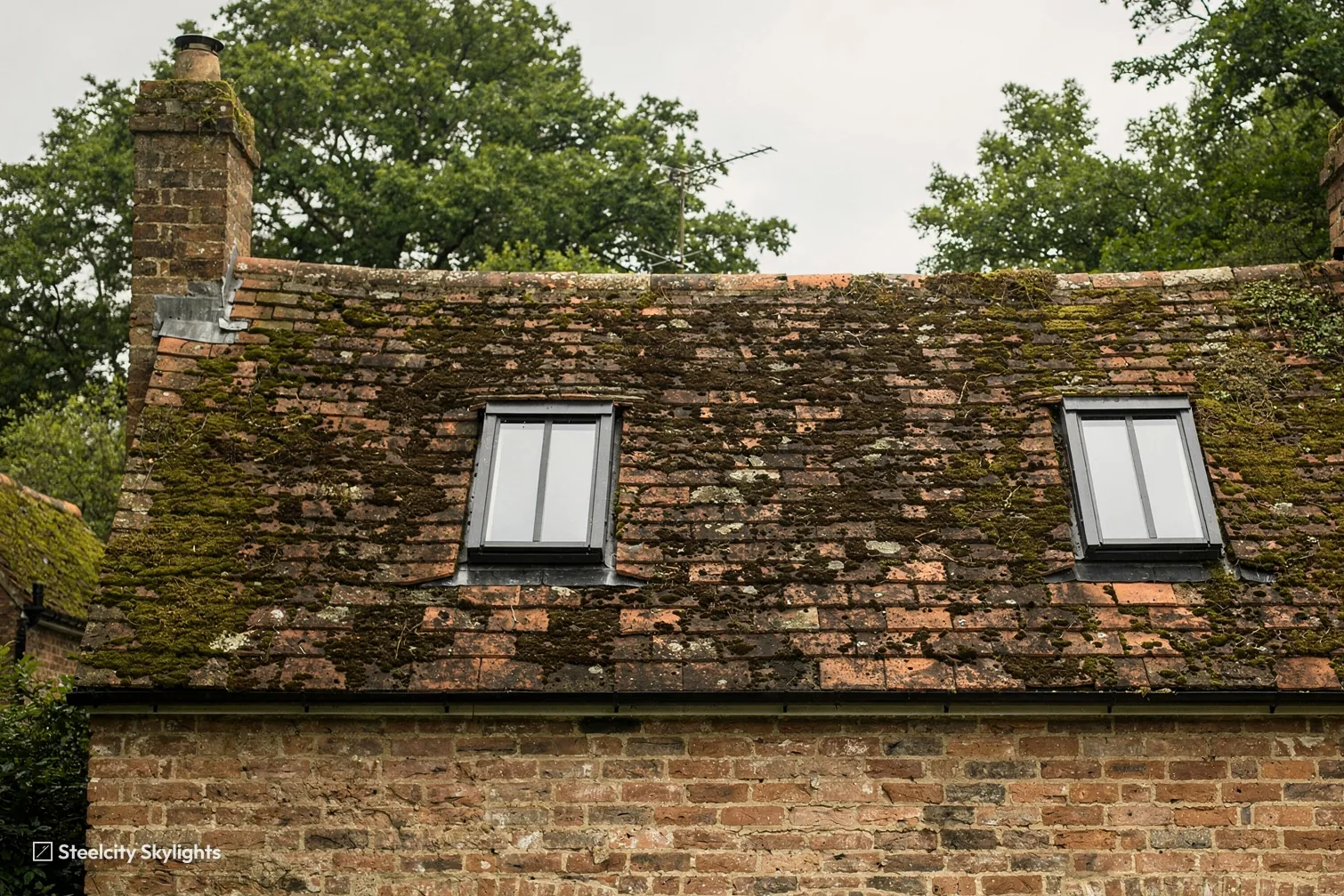Two small dark-framed rooflights in a mossy clay tile roof above an old brick wall