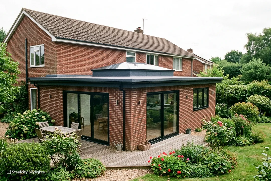 Detached brick house with a rear extension, hipped roof lantern and sliding doors onto a deck