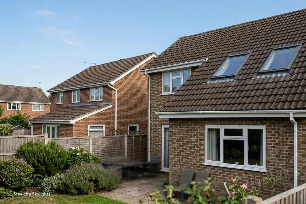 Brick detached houses with two roof windows in a brown tile roof above a garden