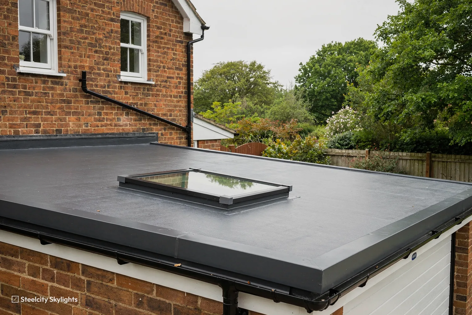 Flat rooflight on the grey roof of a garage conversion beside a red brick house