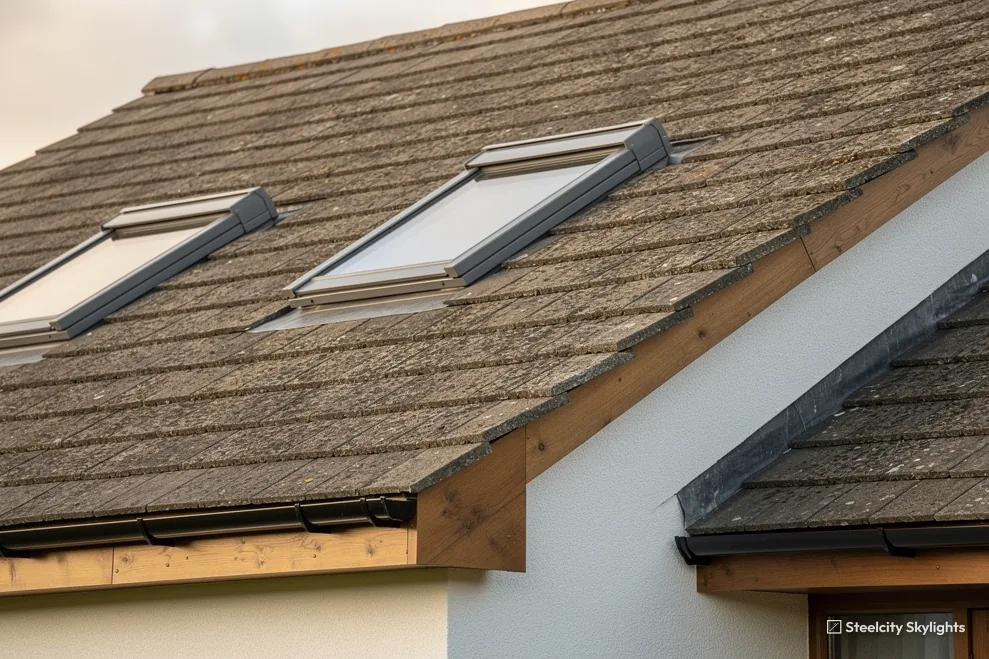 Two roof windows in a brown concrete interlocking tile roof above a rendered gable