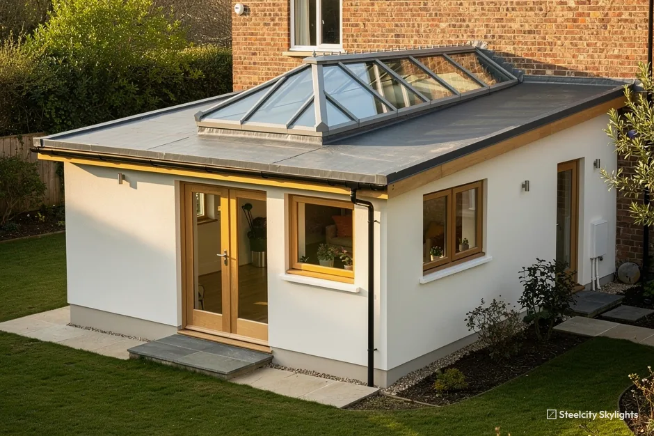Rendered garden room extension with a hipped roof lantern and timber French doors on a lawn