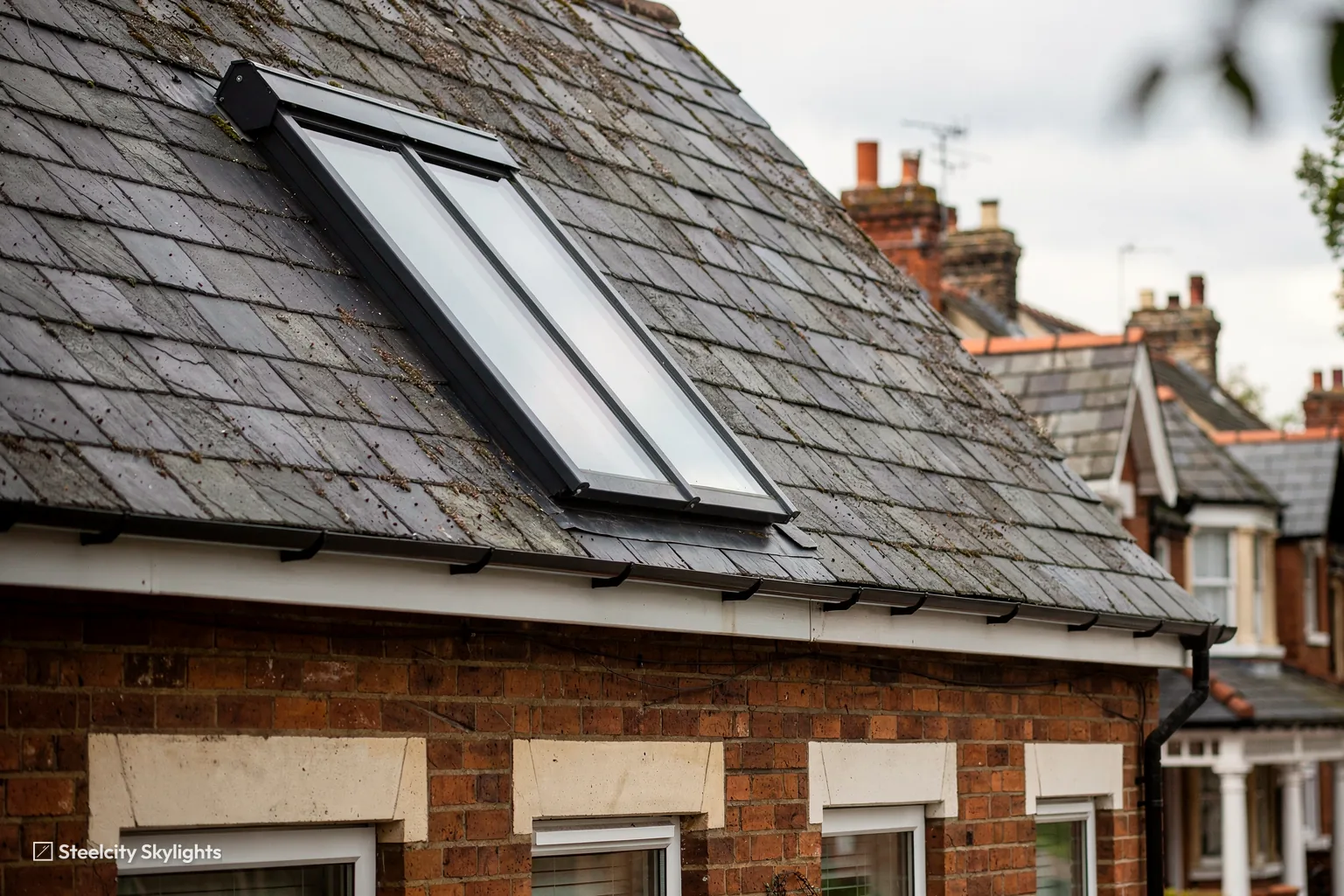 Slim conservation roof window with a central bar in a slate roof, brick villas beyond
