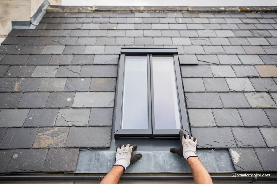Gloved hands dressing slates around a slim conservation rooflight in a slate roof