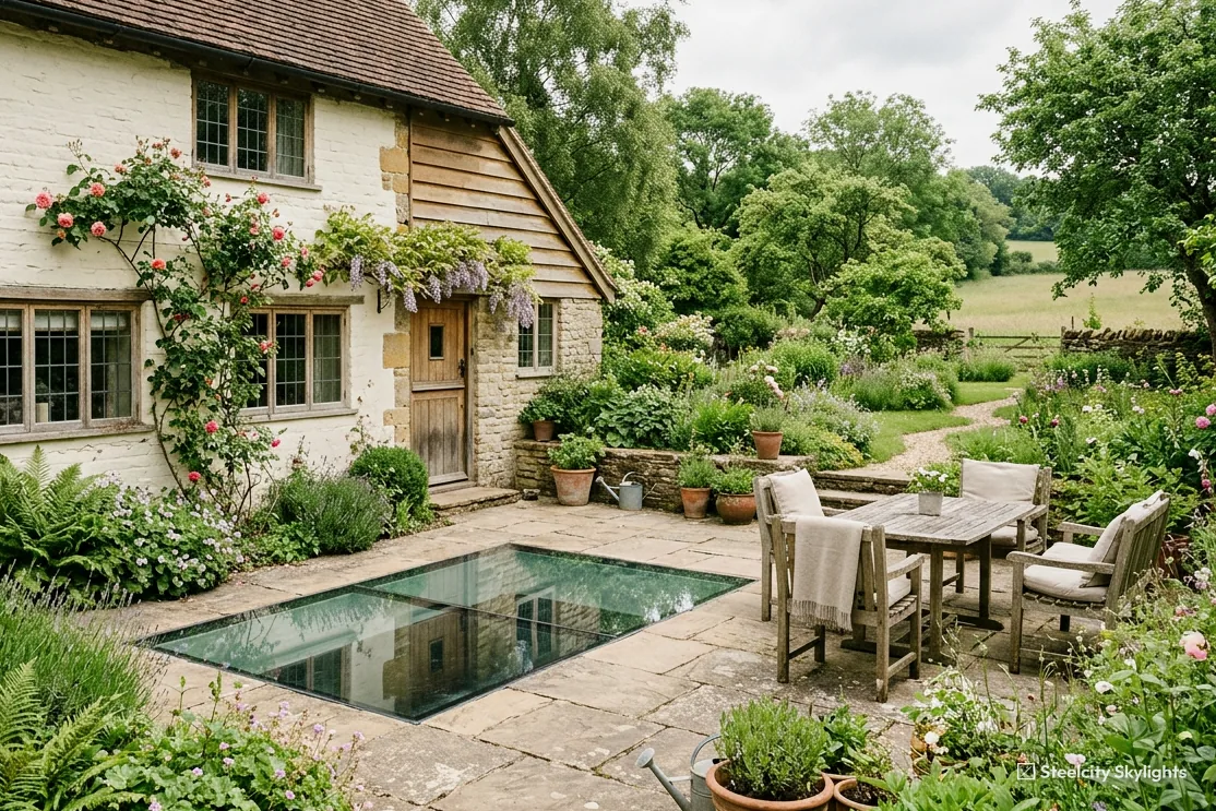 Walk-on glass rooflight set into a cottage patio beside a garden table and planters