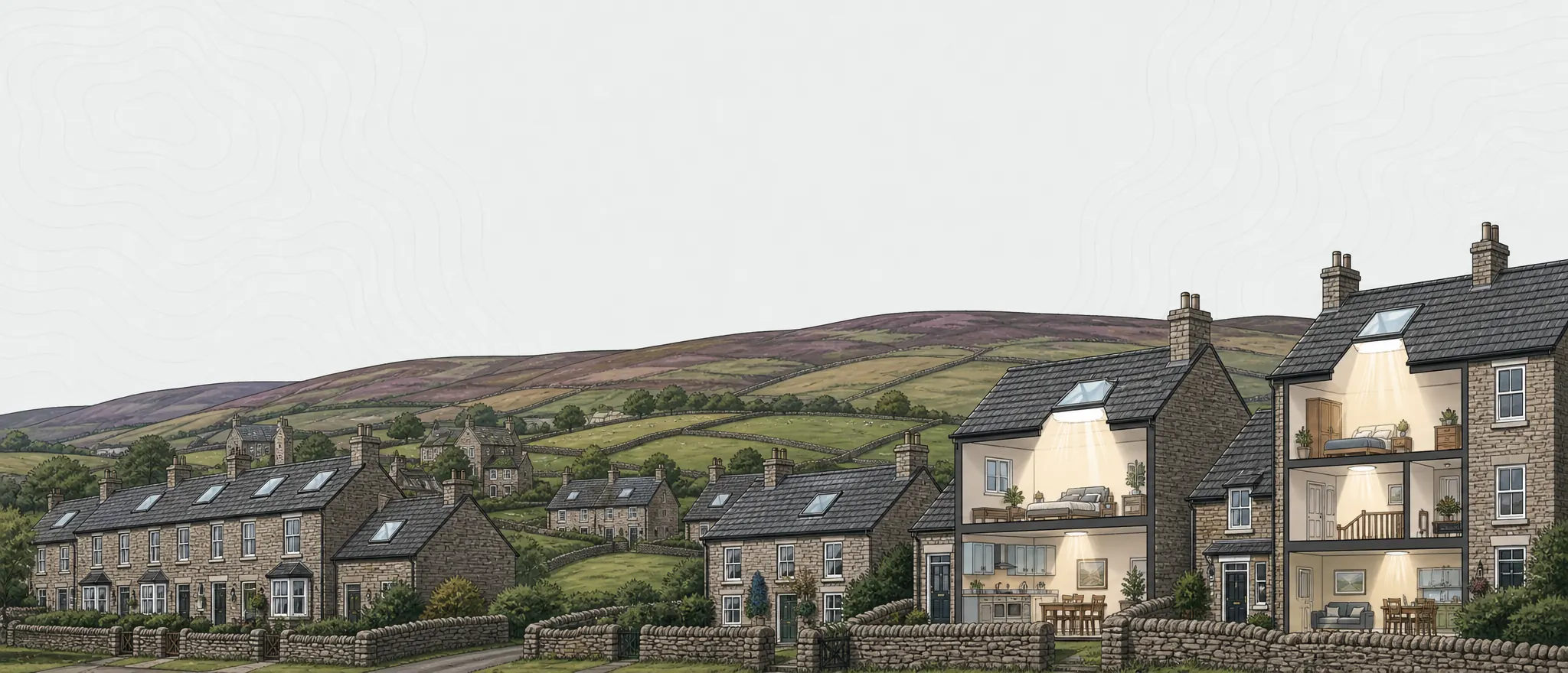 Illustration of stone cottages and village houses with stone-slate roofs below moorland hills, cut away to show daylight falling through rooflights and roof windows into the rooms