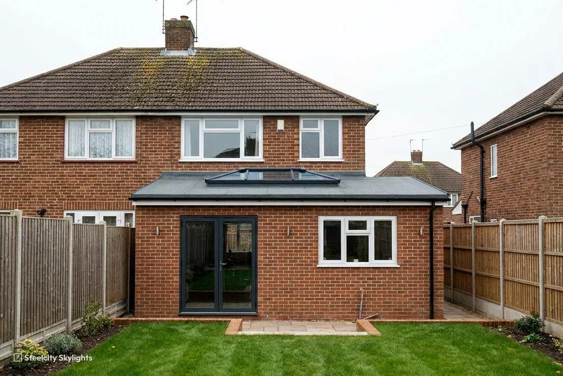 Brick semi with a single-storey rear extension, roof lantern and French doors onto a lawn