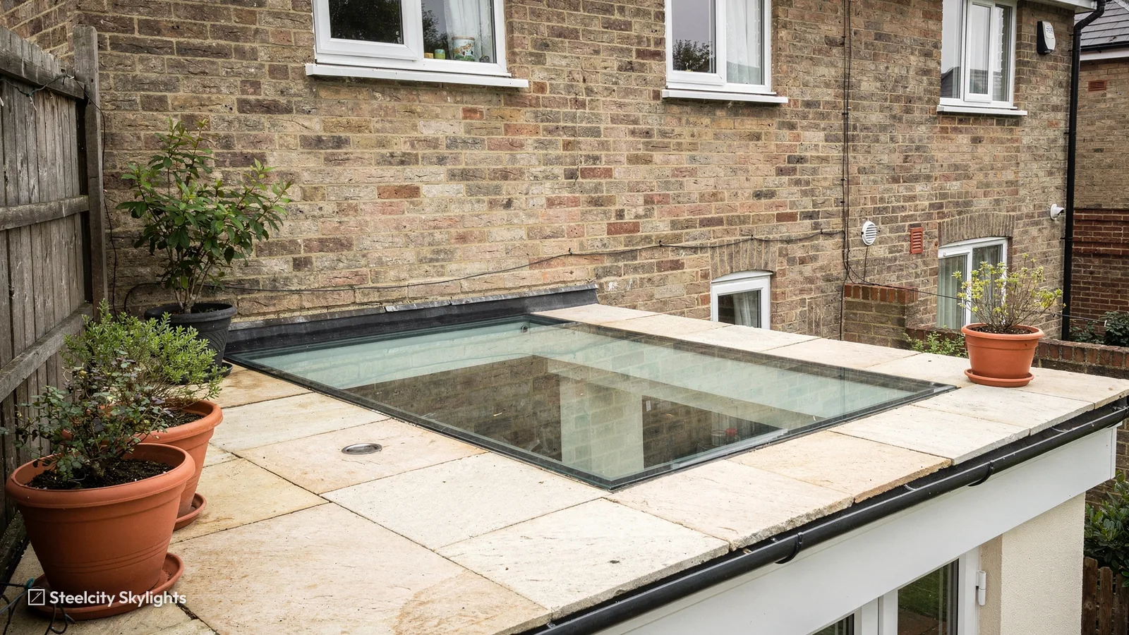 Walk-on glass panel set flush into a stone-paved terrace above a rear extension, with potted plants